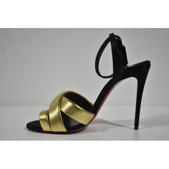 Christian Louboutin Just Me 100 Black Gold Sandal Ankle Strap Open Heel Pump 38 - Picture 8 of 11